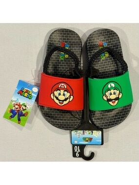 New Super Mario Bros Sling Back Slides Boys 9-10 Luigi Summer Sandals Nintendo